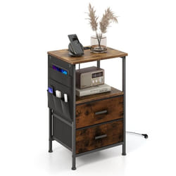 COSTWAY Table de Chevet Industrielle avec Station de Charge-Ports USB et Prises CA 2 Tiroirs et 6 Poches Latérales 38 x 30 x 60