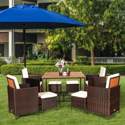 Salon de Jardin 9 Pièces, Ensemble Meuble de Terrasse avec Coussins et Repose-Pieds et Table en Rotin pe pour Véranda, Patio, Jardin, Terrasse,