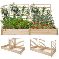 Costway - Jardinière avec 3 Treillis en Bois avec Base Ouverte, 2 Bacs à Fleurs Extérieur pour Plante Grimpante, Lit de Jardin Surélevée Résistance à