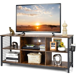 Costway - Meuble tv 3 Étagères, Banc tv 65' au Max, 6 Compartiments avec 2 Passe-câbles, Cadre en Métal, Panier Latéral, Console tv Industriel pour