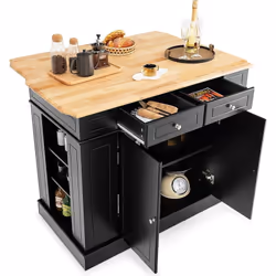 Costway - Ilot Central Cuisine Comptoir en Bois d'Hévéa Pliable, Étagères Réglables à 3 Niveaux, Desserte de Cuisine de Servi ...