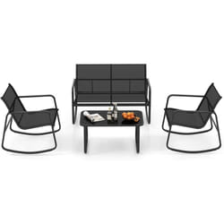 Salon de Jardin 4 Pièces avec Chaises à Bascule Table en Verre et Causeuse, Ensemble de Meuble Extérieur Cadre Métallique Charge 150KG, pour Porche
