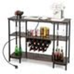COSTWAY Casier Étagère à Vin pour 15 Bouteilles - Station de Charge Intégrée Porte-Verres - Porte-Bouteille Industriel - Marron