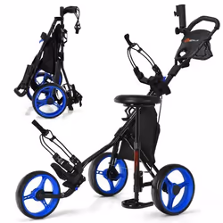 COSTWAY Chariot de Golf Pliable 3 Roues-4 Hauteurs Réglables-Siège Hydraulique-Porte-Parapluie Réglable-Porte-Boisson-Sac-Ble ...