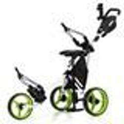 COSTWAY Chariot de Golf Pliable 3 Roues-4 Hauteurs Réglables-Siège Hydraulique-Porte-Parapluie Réglable-Porte-Boisson-Sac-Vert