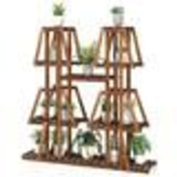 COSTWAY Étagère à Plantes Fleurs en Bois de pin carbonisé - Porte-Plante 5 Niveaux Conception à Lattes - Intérieur Extérieur