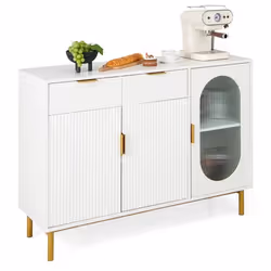 COSTWAY Buffet de Cuisine avec 3 Portes et 2 Tiroirs Verre Translucide Dispositif Anti-basculement 120 x 40 x 88 cm Blanc