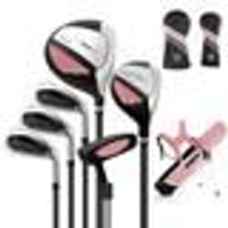 COSTWAY Ensemble de Sac de Golf pour Enfants 11 à 13 Ans-Capuche Anti-pluie-Driver ‘1’Hybride ‘5’Fers ‘7’‘9’ ‘S’ et Putter-Rose