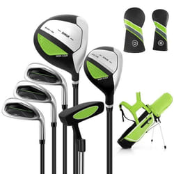 COSTWAY Ensemble de Sac de Golf pour Enfants 11 à 13 Ans-Capuche Anti-pluie-Driver ‘1’Hybride ‘5’Fers ‘7’‘9’ ‘S’ et Putter-Vert