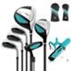 COSTWAY Ensemble de Sac de Golf pour Enfants 11 à 13 Ans-Capuche Anti-pluie-Driver ‘1’Hybride ‘5’Fers ‘7’‘9’ ‘S’ et Putter-Bleu