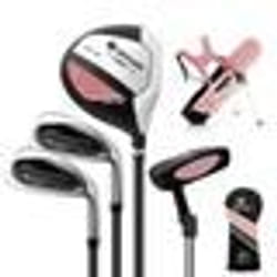 COSTWAY Ensemble de Sac de Golf pour Enfants 5 à 7 Ans Trépied-Capuche Anti-pluie-Fairway n°3Fers n°7 et n°SPutter-Droitier-Rose
