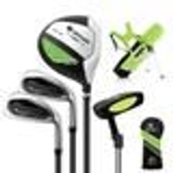 COSTWAY Ensemble de Sac de Golf pour Enfants 5 à 7 Ans Trépied-Capuche Anti-pluie-Fairway n°3Fers n°7 et n°SPutter-Droitier-Vert