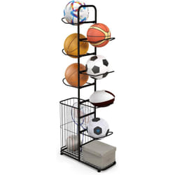 Costway - tagère de Rangement pour Balles à 7 Niveaux, Support de Basket-Ball en Métal avec 7 Tiges Amovibles et Panier Latéral, Organisateur