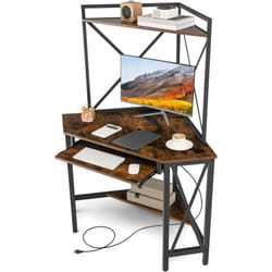 Costway - Bureau d'angle avec Étagère de Rangement, Bureau Informatique avec 2 Prises de Courant & 2 usb, Plateau pour Clavier, Cadre en Métal,