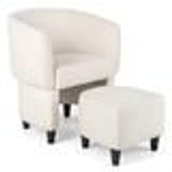 COSTWAY Fauteuil Tonneau Rembourré en Velours avec Pouf-Repose-pieds Cadre en Bois Massif Patins en Feutre Antidérapants Beige