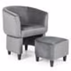 COSTWAY Fauteuil Tonneau Rembourré en Velours avec Pouf-Repose-pieds Cadre en Bois Massif Patins en Feutre Antidérapants Gris