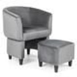 COSTWAY Fauteuil Tonneau Rembourré en Velours avec Pouf-Repose-pieds Cadre en Bois Massif Patins en Feutre Antidérapants Gris