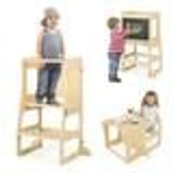 COSTWAY Tour dApprentissage Montessori en Bois Evolutive 3 en 1-Tableau à Craie-Tabouret Bureau-Marches Antidérapantes-12 Mois-60KG