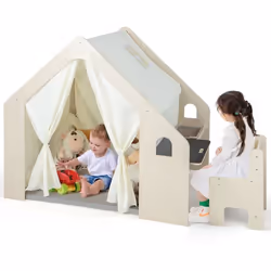 Tente de Jeu COSTWAY 6 en 1 : Tableau noir Bac de RangementTapis de Jeu Ensemble Table et Chaises pour 3 - 4 Enfants