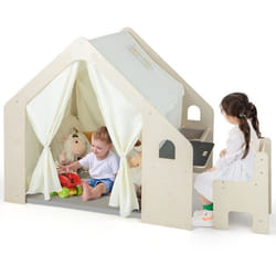 Tente de Jeu COSTWAY 6 en 1 : Tableau noir Bac de RangementTapis de Jeu Ensemble Table et Chaises pour 3 - 4 Enfants