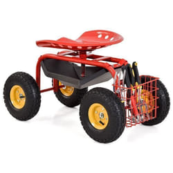 Siège de Jardin COSTWAY Mobile à Roulant-Pivotant 360°-Hauteur Réglable avec Plateau-Panier de Rangement-Roues Pneumatiques-Rouge