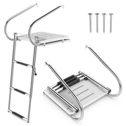 COSTWAY Échelle de Piscine Pliable Télescopique -Acier Inoxydable 3 Marches Charge 227KG 2 Mains Courantes -Ponton Bateaux Yacht