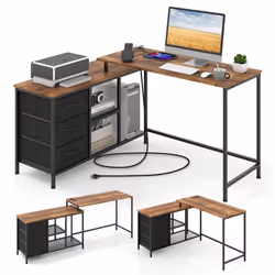 COSTWAY Bureau dAngle Convertible avec Prise de Courant 3 Tiroirs en Tissu et Étagères en Maille Métallique Marron
