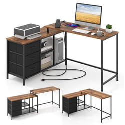 COSTWAY Bureau dAngle Convertible avec Prise de Courant 3 Tiroirs en Tissu et Étagères en Maille Métallique Marron