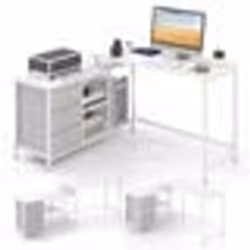 COSTWAY Bureau dAngle Convertible avec Prise de Courant 3 Tiroirs en Tissu et Étagères en Maille Métallique Blanc