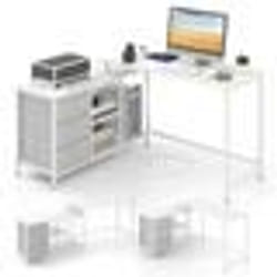 COSTWAY Bureau dAngle Convertible avec Prise de Courant 3 Tiroirs en Tissu et Étagères en Maille Métallique Blanc