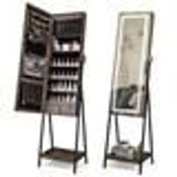 COSTWAY Armoire à Bijoux sur Pied -Miroir Pleine Longueur Lumières LED 3 Couleurs Interrupteur Tactile Porte Verrouillable-Marron