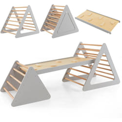 Costway - 3 en 1 Triangle d'escalade Montessori Enfant avec Rampe, 2 Échelle d'escalade Montessori en Bois pour Grimper, Charge Max 60KG, Utilisation