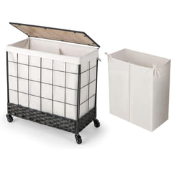 COSTWAY Panier à Linge 2 Compartiment avec Couvercle en Bois, 130 L, Corbeille à Linge Tressé, Bac a Linge à Roulette, Meuble Linge Sale, Sac à