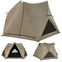 COSTWAY Tente de Camping Pop-up 4-6 Personnes-Puits de Lumière-Auvent Amovible-Polyester Imperméable-3 Portes3 Fenêtres Enroulables