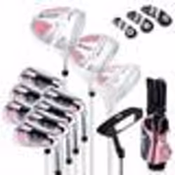 COSTWAY Set de Golf 11 Clubs-Droitier Femmes-DriverBois de ParcoursHybride5 FersPutter-Sac Trépied-Capuche Anti-pluie-Rose