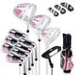 COSTWAY Set de Golf 11 Clubs-Droitier Femmes-DriverBois de ParcoursHybride5 FersPutter-Sac Trépied-Capuche Anti-pluie-Rose