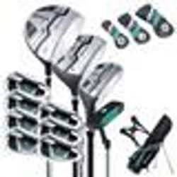 COSTWAY Set de Golf 11 Clubs-Droitier Hommes-DriverBois de ParcoursHybride5 FersPutter-Sac Trépied-Capuche Anti-pluie-Vert