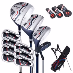 COSTWAY Set de Golf 11 Clubs-Droitier Hommes-DriverBois de ParcoursHybride5 FersPutter-Sac Trépied-Capuche Anti-pluie-Bleu