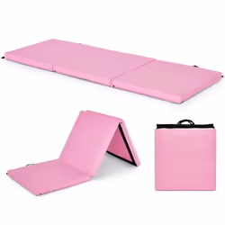Tapis de Gym Pliable COSTWAY-180 x 60 x 5cm-3 Plis avec Poignée-Attaches Auto-agrippantes-en PU Etanche Remplissage EPE-Rose