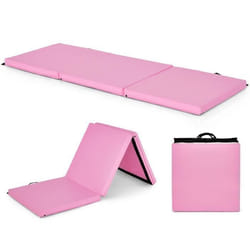 Tapis de Gym Pliable COSTWAY-180 x 60 x 5cm-3 Plis avec Poignée-Attaches Auto-agrippantes-en PU Etanche Remplissage EPE-Rose