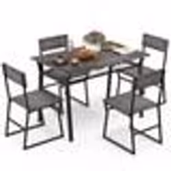 COSTWAY Ensemble de Table à Manger 5 Pièces avec 4 Chaises Industrielles Étagère de Rangement Cadre en Métal 110x70x75 cm Gri ...