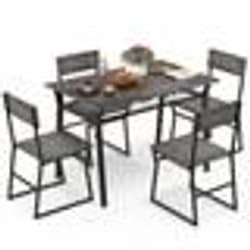 COSTWAY Ensemble de Table à Manger 5 Pièces avec 4 Chaises Industrielles Étagère de Rangement Cadre en Métal 110x70x75 cm Gris