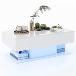 COSTWAY Table Basse avec 20 Lumières LED Colorées Table dAppoint avec 22 Modes et Tiroirs Télécommande Finition Brillante Blanc