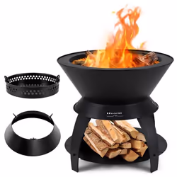 COSTWAY Brasero Foyer de Terrasse 3 en 1 de 50CM avec Support de Casserole et Étagère de Rangement Combustion sans Fumée