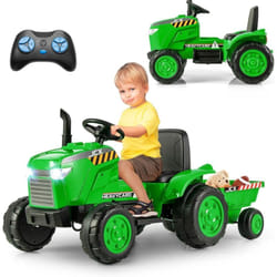 Costway - 12V Tracteur Électrique Enfant avec Remorque Amovible & Télécommande, Voiture Électrique à 6 Pneus avec Lumière led & Musique & Cheminée,