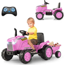 Costway - 12V Tracteur Électrique Enfant avec Remorque Amovible & Télécommande, Voiture Électrique à 6 Pneus avec Lumière led & Musique & Cheminée,