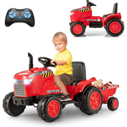 COSTWAY 12V Tracteur Électrique Enfant avec Remorque Amovible & Télécommande, Voiture Électrique à 6 Pneus avec Lumière LED & Musique & Cheminée,
