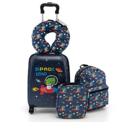 COSTWAY 5 PCS Valise Enfant 16’’ + Sac à dos 12’’ Oreiller Cervical Etiquette Sac à Déjeuner Voyages en Avion Astronaute