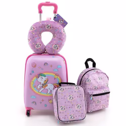 COSTWAY 5 PCS Valise Enfant 16’’ + Sac à dos 12’’ Oreiller Cervical Etiquette Sac à Déjeuner Voyages en Avion Licorne