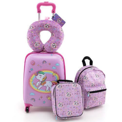 COSTWAY 5 PCS Valise Enfant 16’’ + Sac à dos 12’’ Oreiller Cervical Etiquette Sac à Déjeuner Voyages en Avion Licorne